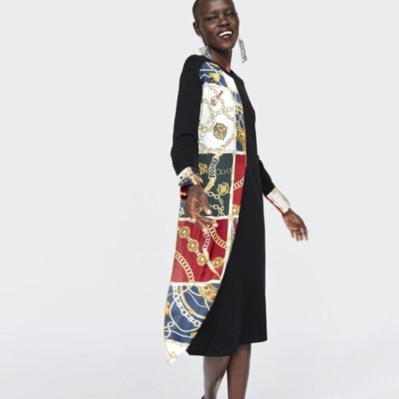 EUC Zara black & contrast chain print accent dress L - Picture 2 of 10